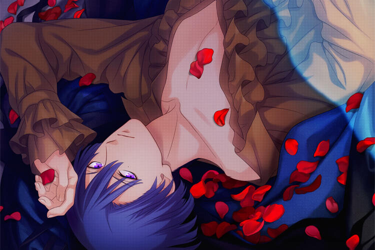 sweets vampire masato looking at the viewer as he lays down, surrounded by rose petals