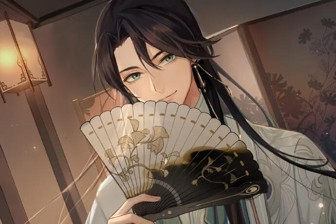 nie huaisang (mobile game version) smiling slightly as he holds his fan in front of him